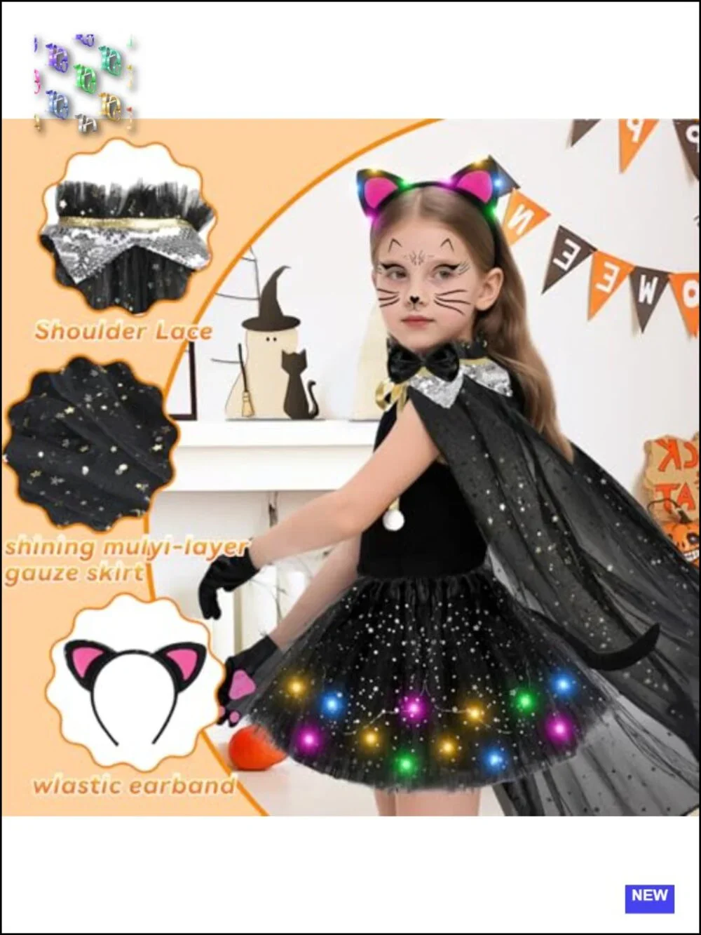 Girls LED Cat Halloween Costume 7pc Set Ages 3-8 Tutu Cape Gloves